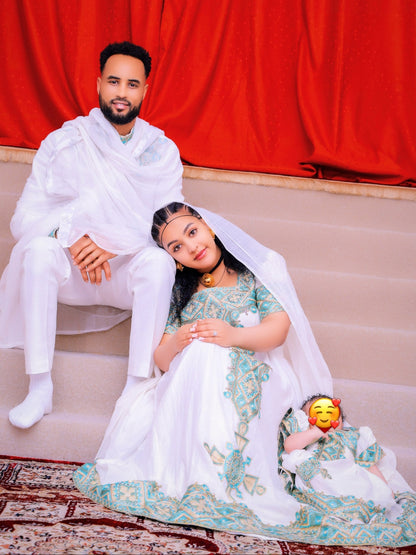 Ethereal Crisp Matching Attire Luminous Turquoise and Gold Diamond Couple's Set 983