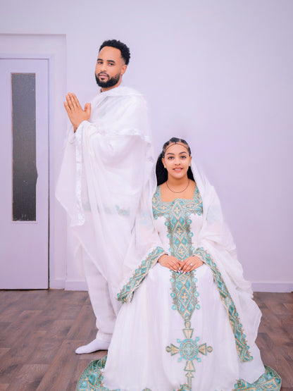 Ethereal Crisp Matching Attire Luminous Turquoise and Gold Diamond Couple's Set 983