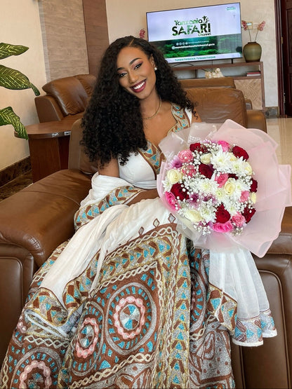 Regal Heritage Habesha Kemis Handwoven Blue & Bronze Embroidery Habesha Dress Sleeveless Ethiopian Dress 986