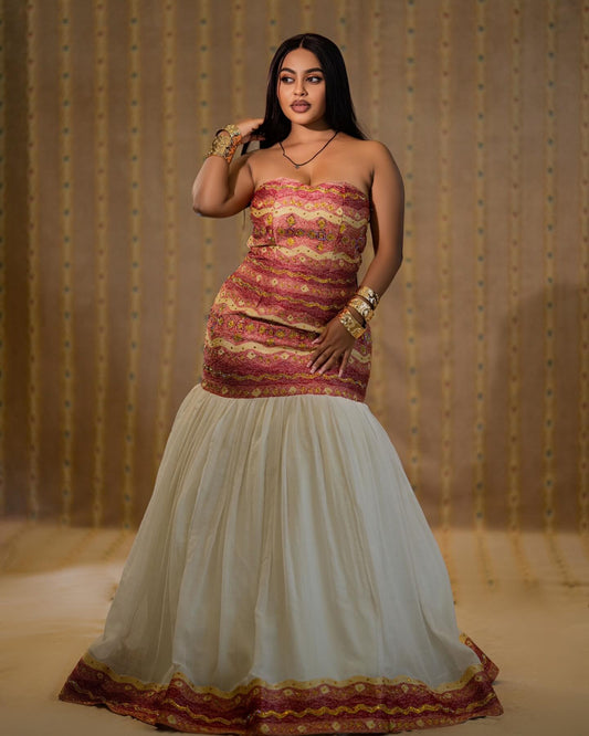 Pink & White Habesha Kemis Online | Elegant Eritrean Dress & Traditional Ethiopian Clothing
