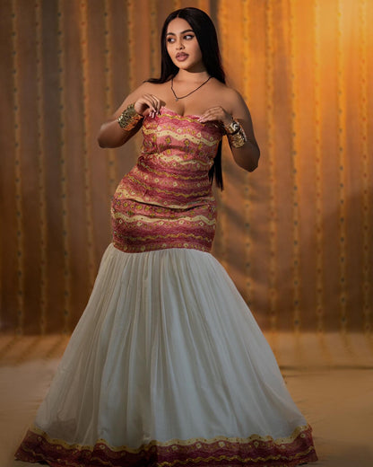 Pink & White Habesha Kemis Online Elegant Eritrean Dress & Traditional Ethiopian Clothing 987