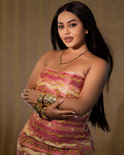 Pink & White Habesha Kemis Online Elegant Eritrean Dress & Traditional Ethiopian Clothing 987