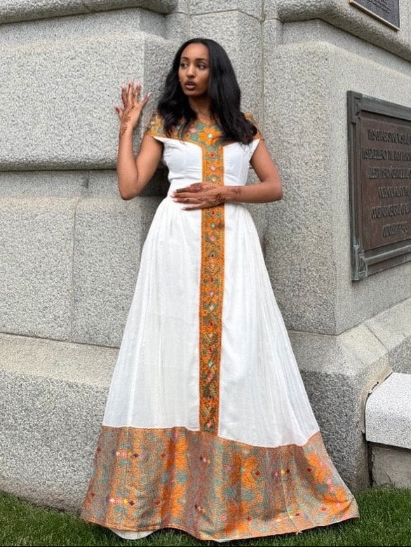 Luxury Handcrafted Habesha Kemis Vibrant Amber Woven Ethiopian Clothing Timeless Cultural Style 988