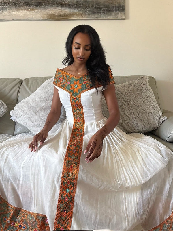 Luxury Handcrafted Habesha Kemis Vibrant Amber Woven Ethiopian Clothing Timeless Cultural Style 988