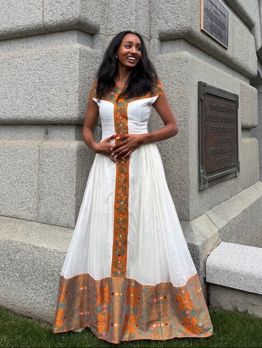 Radiant White Habesha Kemis Online | Elegant Eritrean Dress & Traditional Ethiopian Clothing