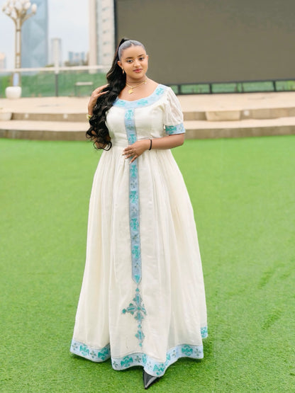 Serene Habesha Kemis with Sky Blue Tilf Trim  Habesha Dress Silhouette, and Traditional Ethiopian Clothing 990