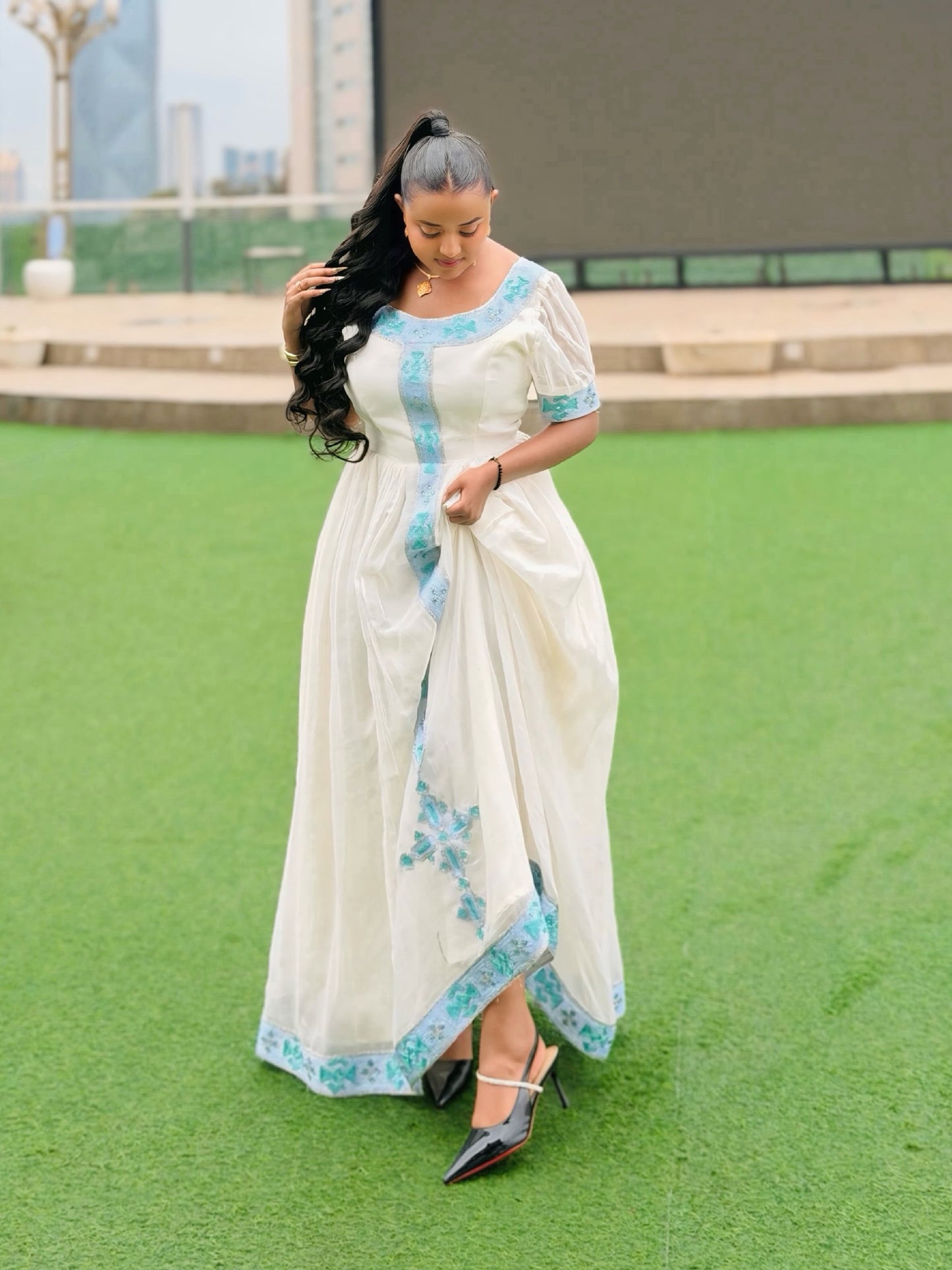 Serene Habesha Kemis with Sky Blue Tilf Trim  Habesha Dress Silhouette, and Traditional Ethiopian Clothing 990
