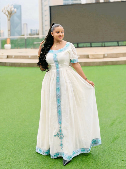 Serene Habesha Kemis with Sky Blue Tilf Trim  Habesha Dress Silhouette, and Traditional Ethiopian Clothing 990
