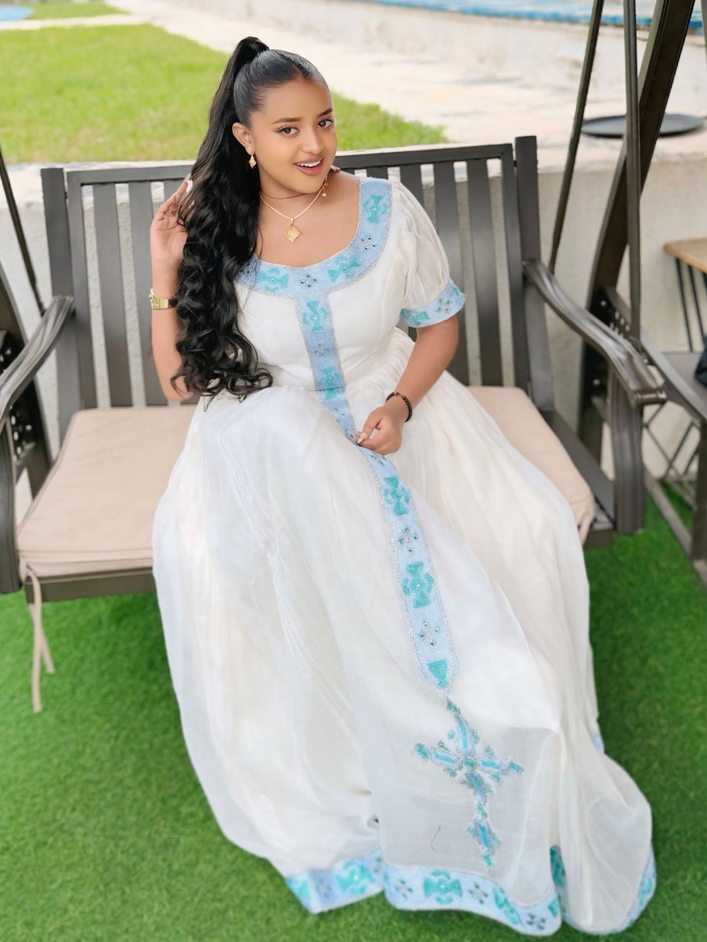 Serene Habesha Kemis with Sky Blue Tilf Trim  Habesha Dress Silhouette, and Traditional Ethiopian Clothing 990
