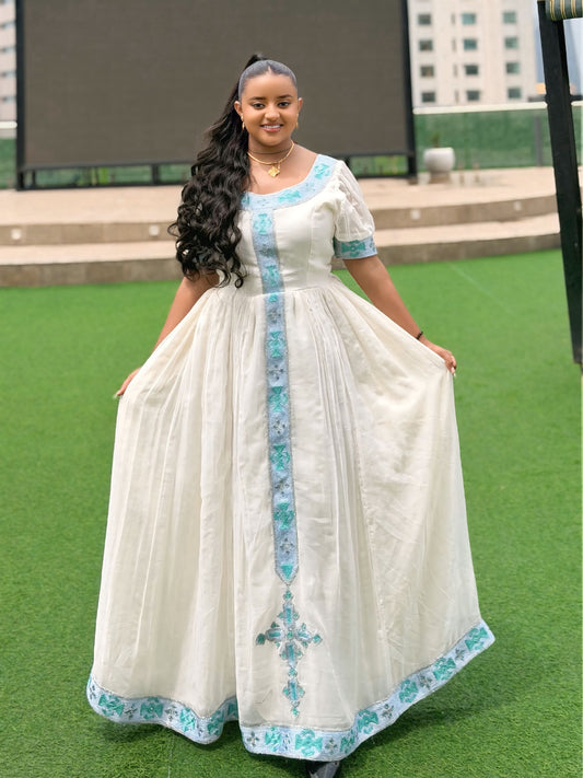 Sky Blue Habesha Kemis Online Elegant Eritrean Dress & Traditional Ethiopian Clothing