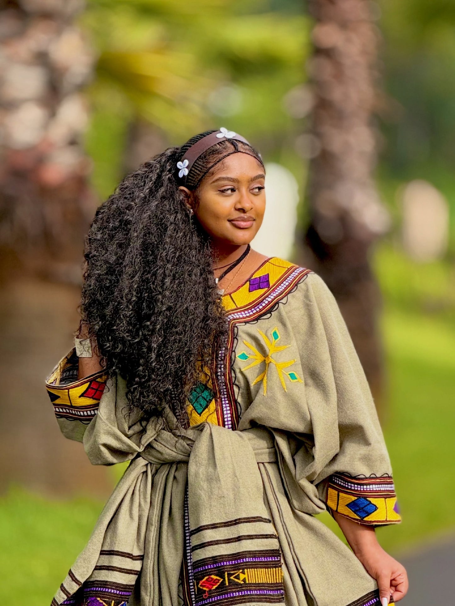 Earthy Olive Green Habesha Kemis Bold Yellow and Turquoise Diamond Habesha Dress and Belted Ethiopian Clothing Shawl 992