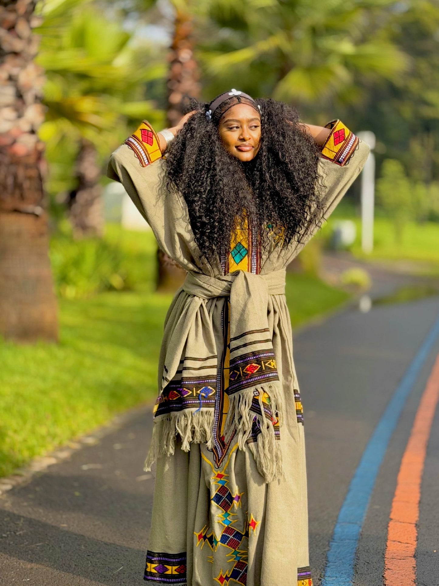 Earthy Olive Green Habesha Kemis Bold Yellow and Turquoise Diamond Habesha Dress and Belted Ethiopian Clothing Shawl 992