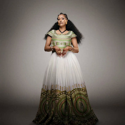 Regal Green Habesha Kemis Circular Embroidery Ethiopian Traditional Wedding Dress for Cultural Celebrations 995