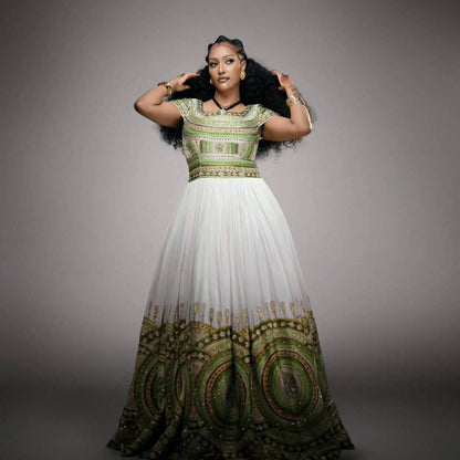 Regal Green Habesha Kemis Circular Embroidery Ethiopian Traditional Wedding Dress for Cultural Celebrations 995