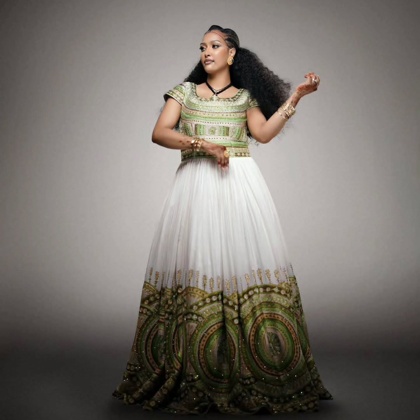 Regal Green Habesha Kemis Circular Embroidery Ethiopian Traditional Wedding Dress for Cultural Celebrations 995