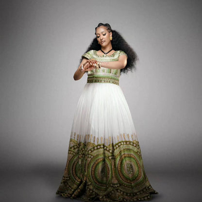 Regal Green Habesha Kemis Circular Embroidery Ethiopian Traditional Wedding Dress for Cultural Celebrations 995