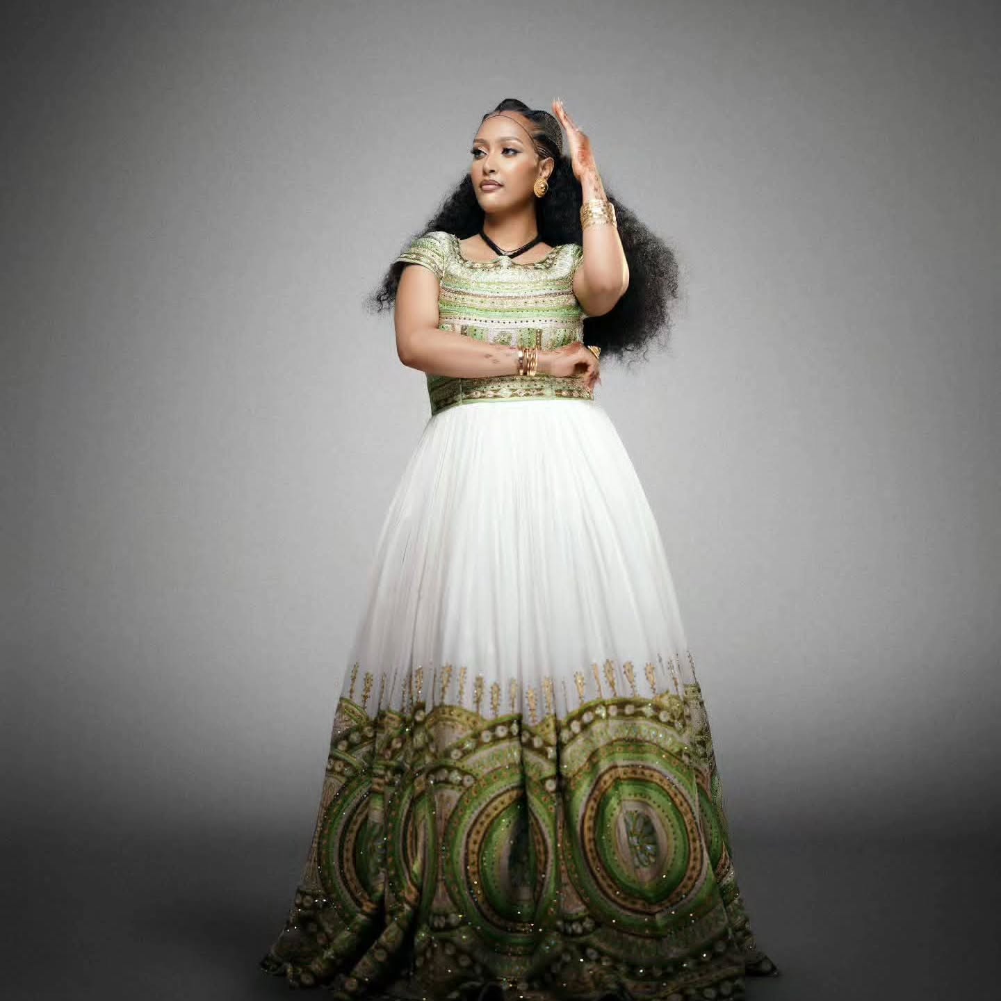 Green Habesha Kemis Online Ethiopian Traditional Wedding Dress with Ornamental Embroidery