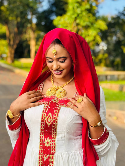 Radiant Red Embroidered Habesha Kemis Traditional Habesha Dress Ethiopian Dress 998