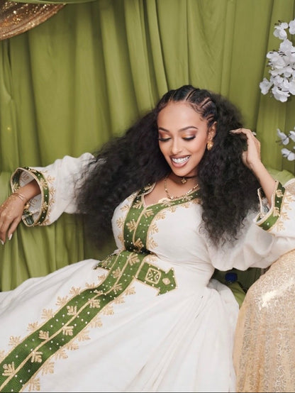 Pure Ivory Habesha Kemis Forest Green and Gold Leaf Motif Embroidery Ethiopian Clothing 999