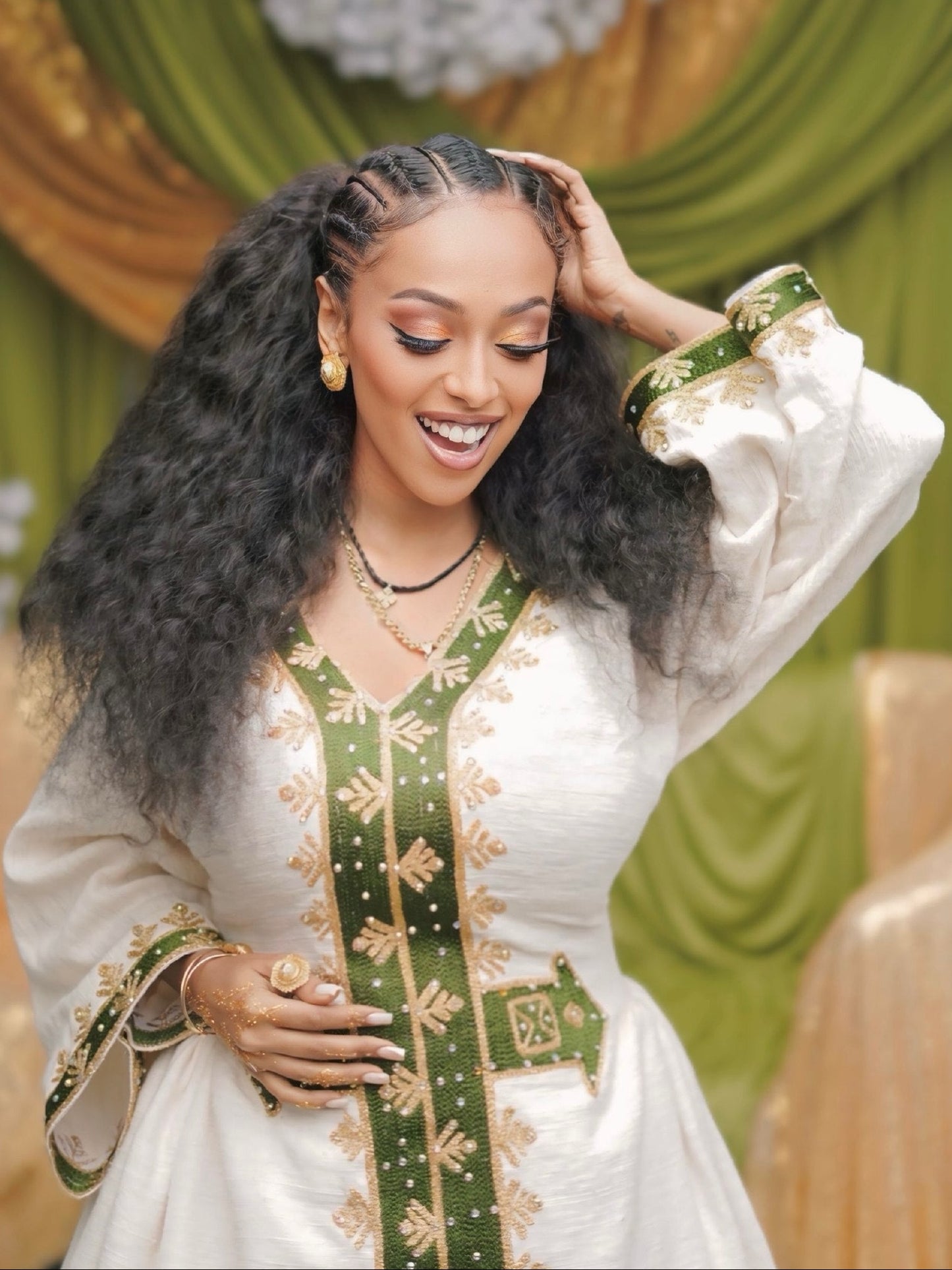 Pure Ivory Habesha Kemis Forest Green and Gold Leaf Motif Embroidery Ethiopian Clothing 999