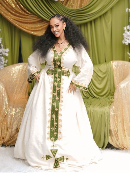 Pure Ivory Habesha Kemis Forest Green and Gold Leaf Motif Embroidery Ethiopian Clothing 999