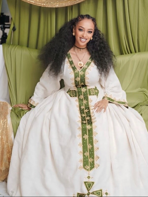 Pure Ivory Habesha Kemis Forest Green and Gold Leaf Motif Embroidery Ethiopian Clothing 999