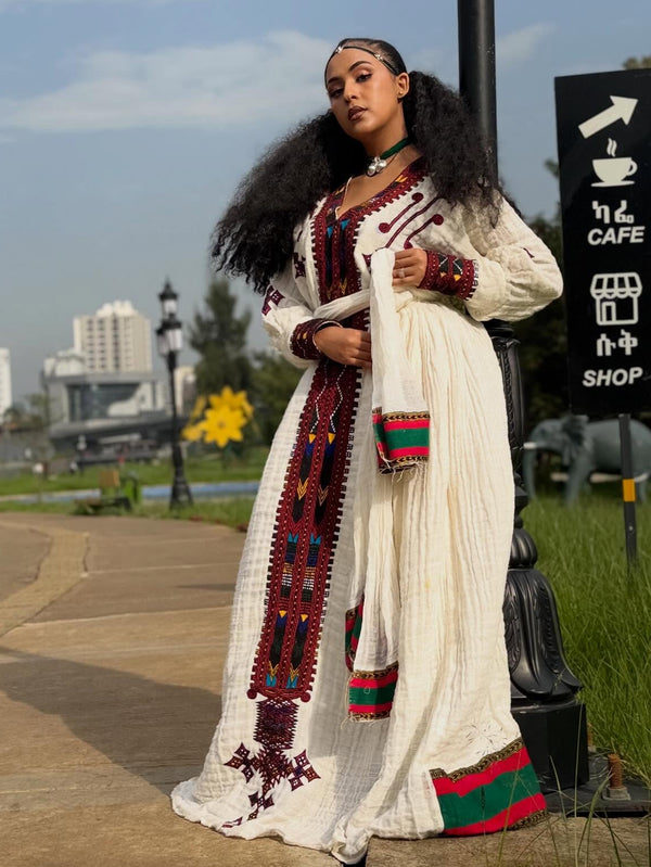 Vintage Habesha Kemis Crimson Maroon Tilf Embroidery Habesha Dress Timeless Ethiopian Clothing 1000