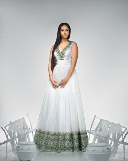 White V-Neck Habesha Dress Green & Gold Tibeb Ethiopian Wear Elegant Cultural Habesha Kemis 0058