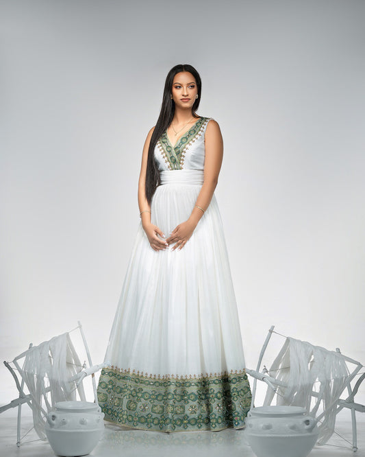 White V-Neck Habesha Dress Green & Gold Tibeb Ethiopian Wear Elegant Cultural Habesha Kemis 0058