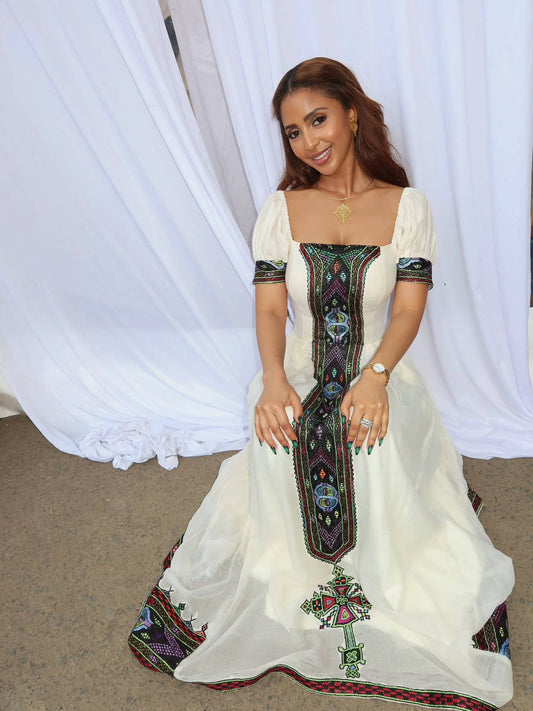 Modern Habesha Kemis – Ethiopian Traditional Dress with Cross Design