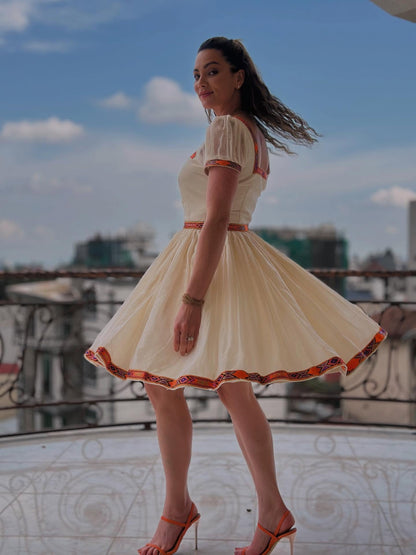 Traditional Ethiopian Dress Cream with Orange Handwoven Habesha Kemis Short Sleeve Cultural Habesha Dress 0093