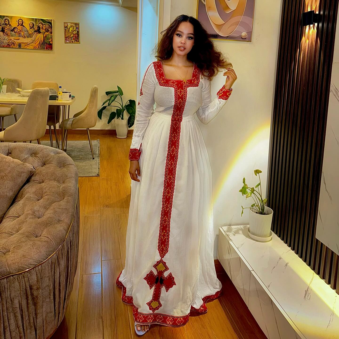 Elegant Habesha Kemis – Ethiopian Traditional White Dress with Red Embroidery