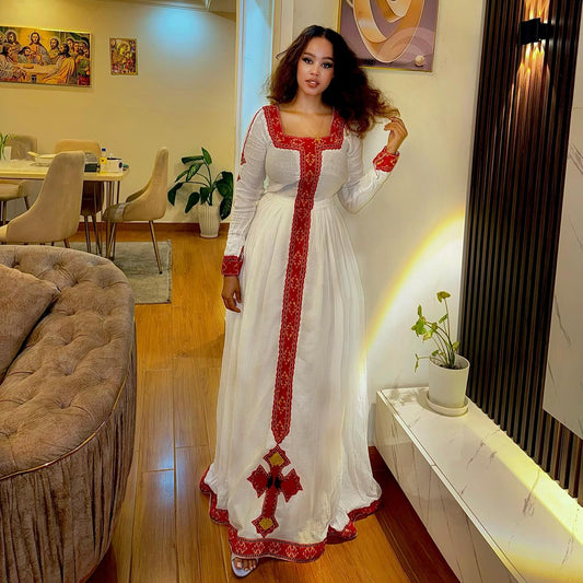 Elegant Habesha Kemis – Ethiopian Traditional White Dress with Red Embroidery