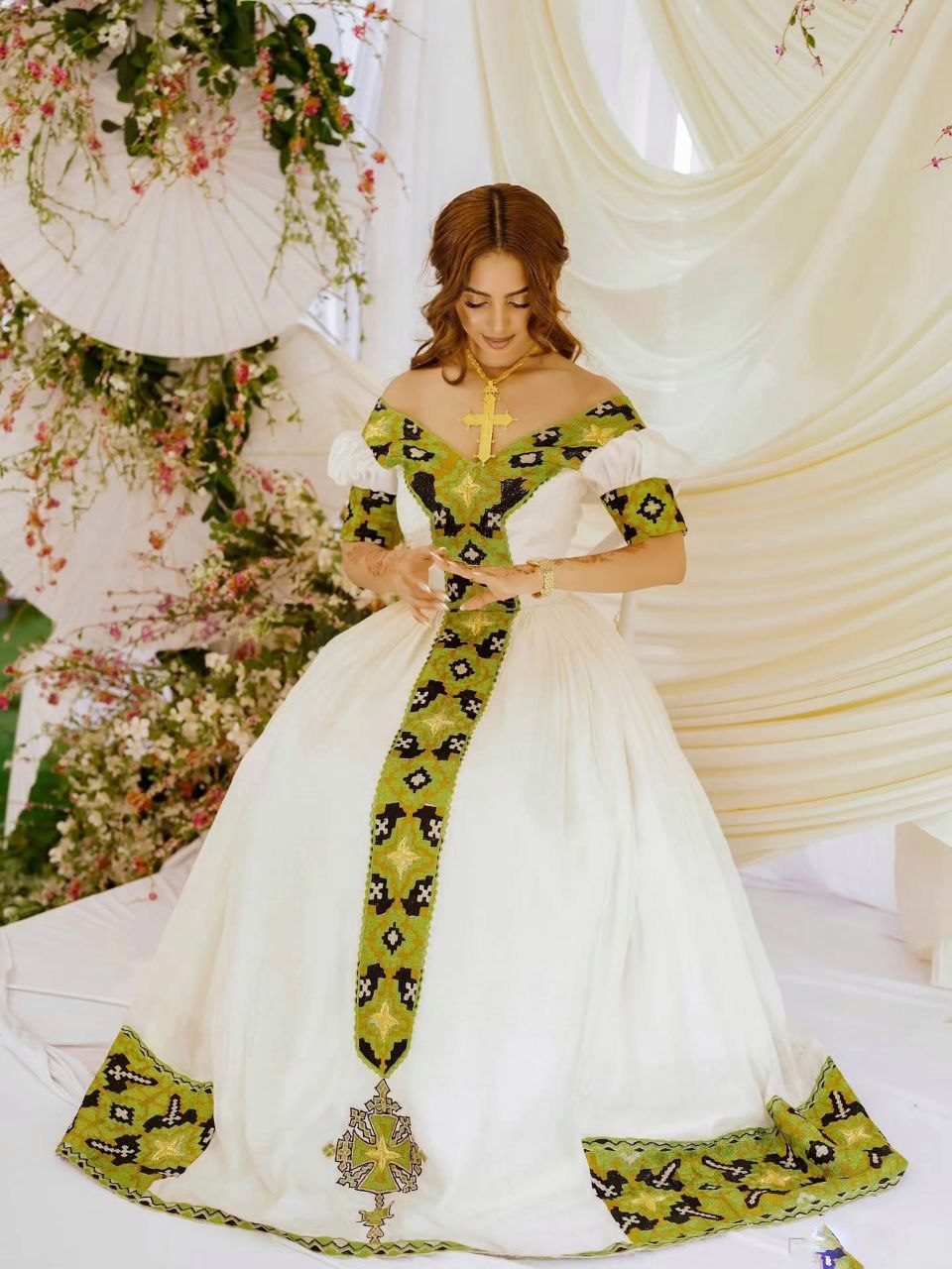 Traditional Ethiopian Habesha Kemis Green & Black Tibeb Ethiopian Cloth Cross Design Habesha Dress 0097