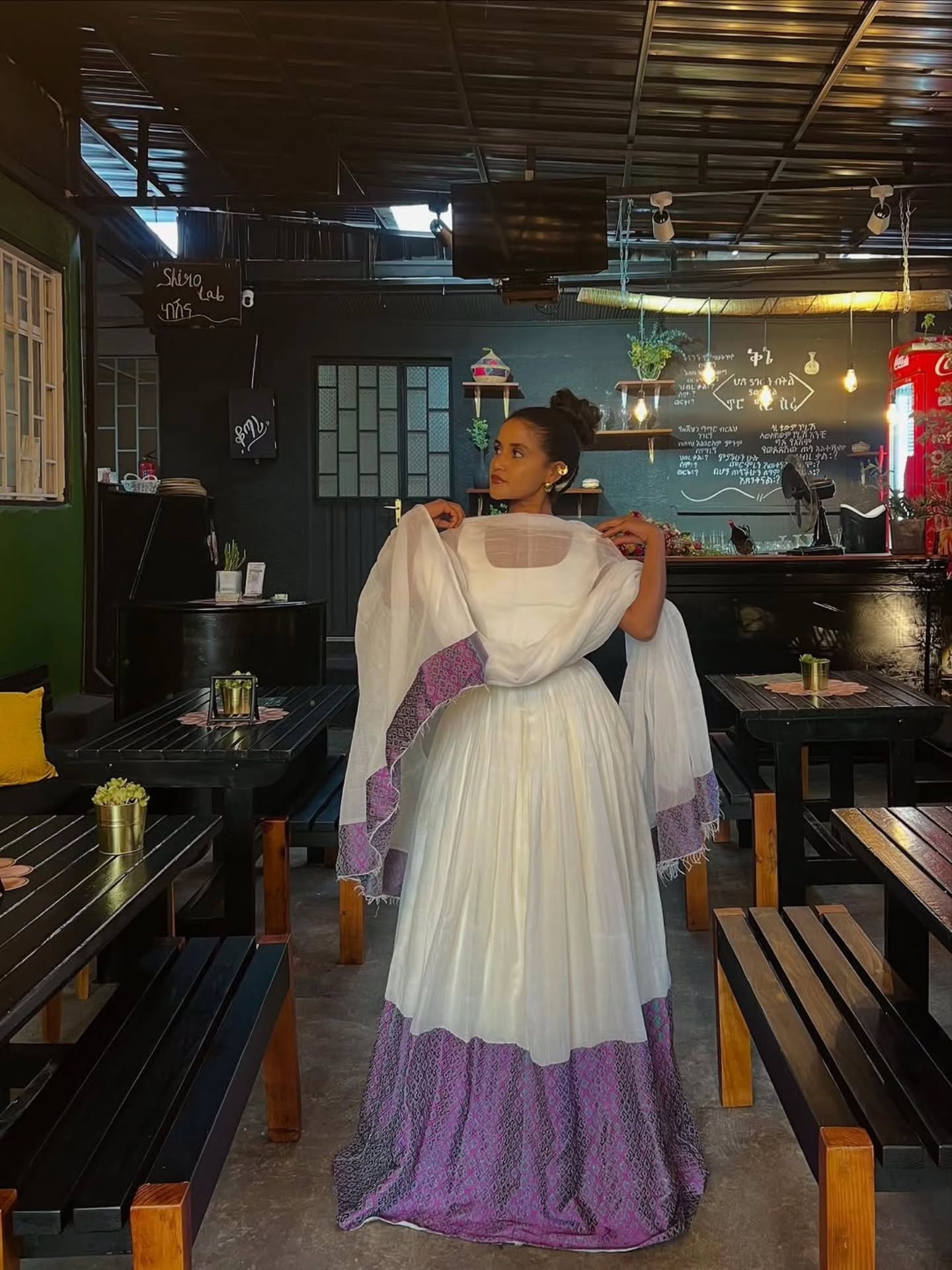Stylish Ethiopian Habesha Kemis – Purple Tibeb with Open Back