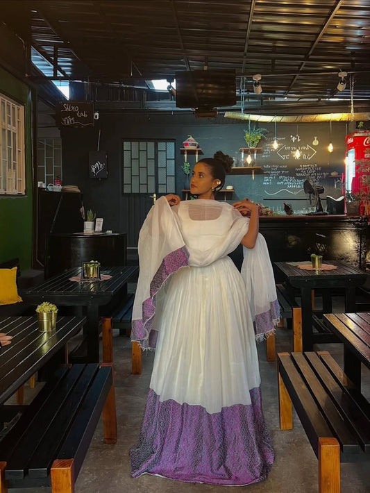 Stylish Ethiopian Habesha Kemis – Purple Tibeb with Open Back