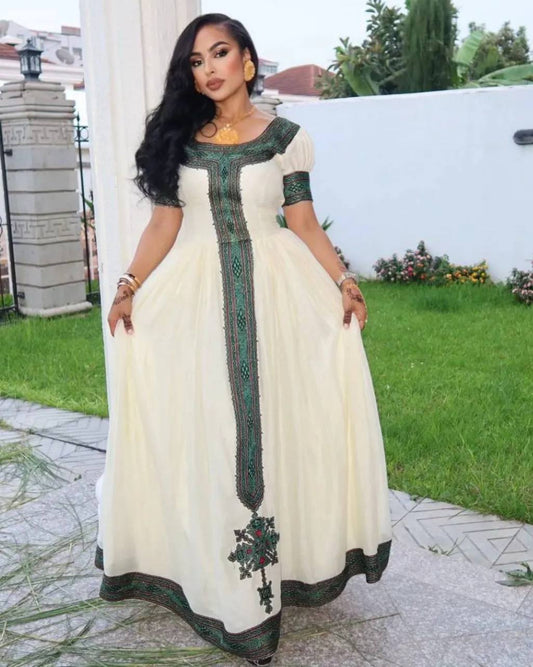Elegant Habesha Kemis - Ethiopian Traditional Dress with Handwoven Tibeb