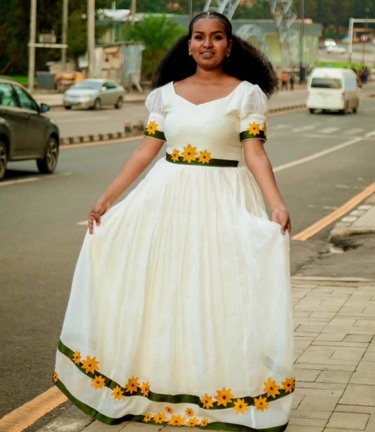 Enkutatash Habesha Kemis – Ethiopian Dress with Adey Abeba Flower Design