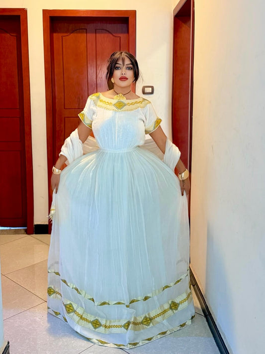 Golden Diamond Tibeb Habesha Kemis – Elegant Ethiopian Traditional Dress