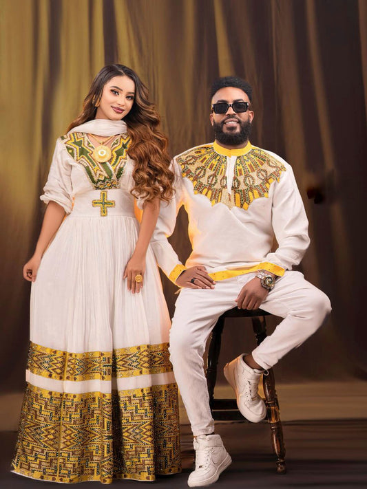 Ethiopian Couple Outfit – Habesha Kemis & Matching Men’s Shirt with Gold Tibeb