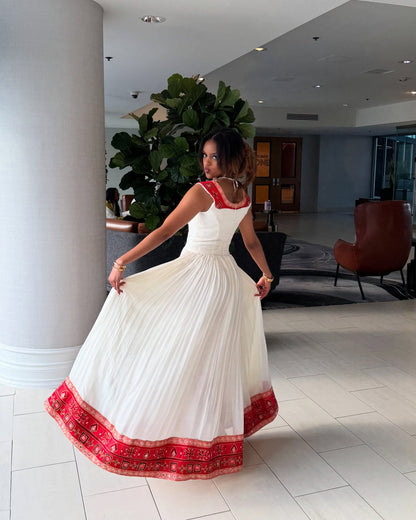 Modern Habesha Traditional Dress Sleeveless Ethiopian Cultural Gown Red & White Embroidery Habesha Kemis Handwoven Habesha Dress 111