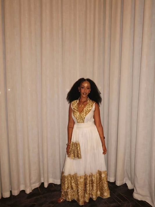 Sleeveless Habesha Dress | Gold-Embroidered Ethiopian Traditional Clothing