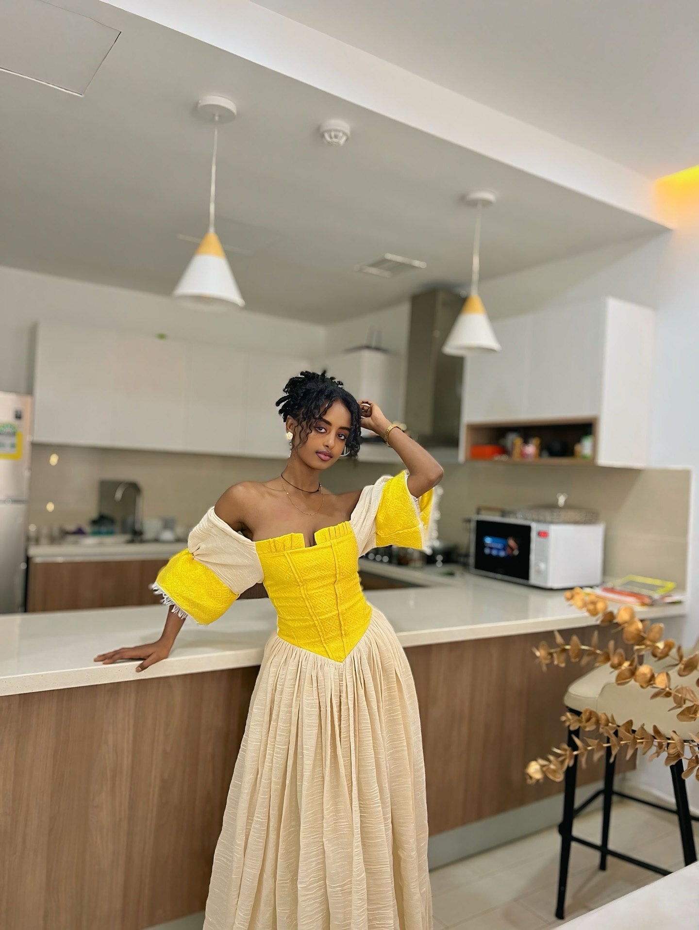 Yellow Habesha Dress Traditional Ethiopian & Eritrean Clothing Off-Shoulder Habesha Kemis For Holidays 127