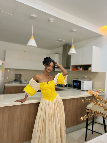 Yellow Habesha Dress Traditional Ethiopian & Eritrean Clothing Off-Shoulder Habesha Kemis For Holidays 127