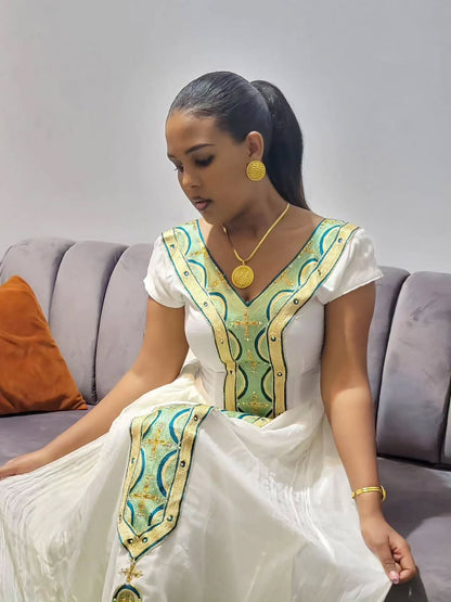 Green & Gold Habesha Dress Traditional Ethiopian & Eritrean Clothing Graceful Habesha Kemis 129