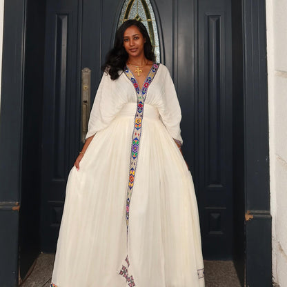 White Habesha Kemis Colorful Tilet Ethiopian & Eritrean Dress Handwoven Habesha Dress 134