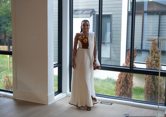 Modern Habesha Dress with Shawl – Floral Ethiopian & Eritrean Design