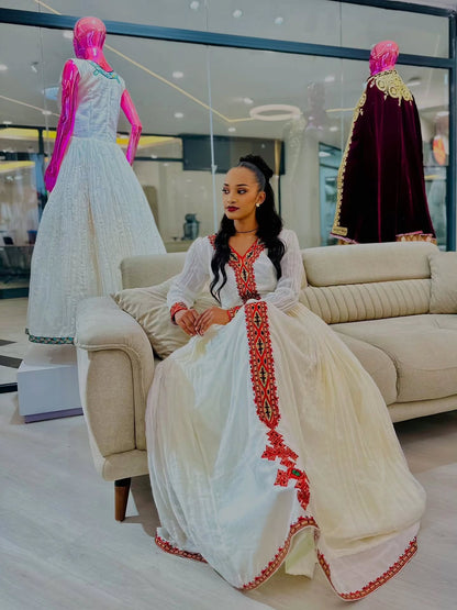 Traditional White Habesha Kemis Red Tilet Embroidery Habesha Dress Timeless Ethiopian & Eritrean Dress 136