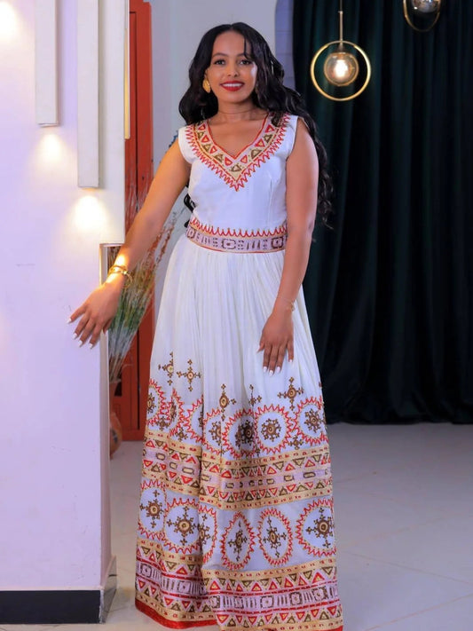 Sleeveless Traditional Ethiopian Dress – Elegant White with Red & Gold Tibeb
