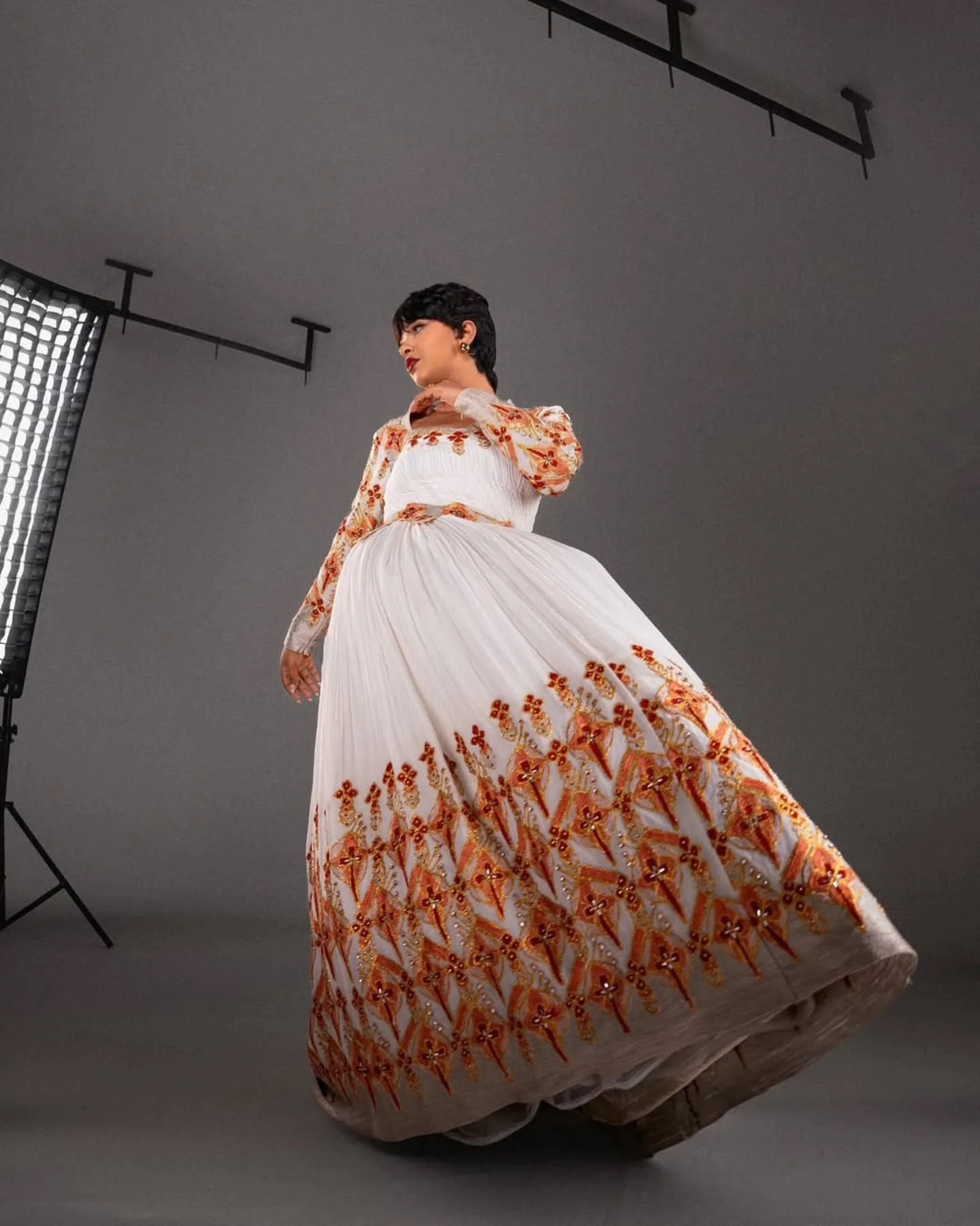 Vibrant Orange & Gold Traditional Ethiopian Wedding Dress Long Sleeves Habesha Kemis Beautiful Habesha Dress 137